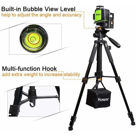 Huepar TPD14 143cm/56" Trépied Réglable Portable pour Niveau Laser, avec Tête Panoramique Flexible 3-voies et Niveau à bulle, Plateau à Dégagement Rapide avec Vis 1/4"-20 et Écrou d'adaptation 5/8"-11