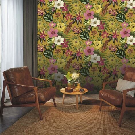 Rasch Floral Leaf Mustard Wallpaper Naturistic Botanical Flowers ...