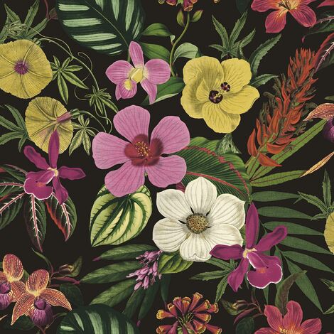Rasch Floral Leaf Black Wallpaper Naturistic Botanical Flowers Feature Wall (1/4)