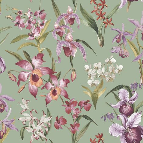 Rasch Maya Floral Sage Green Wallpaper Vibrant Flowers Modern Feature Wall