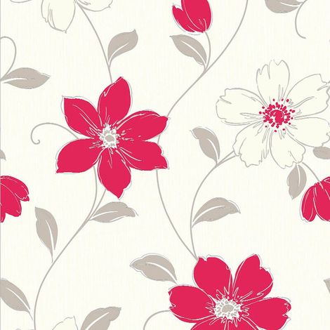 Red Floral Vinyl Wallpaper Flowers Textured Cream Grey Luxury Arthouse ...