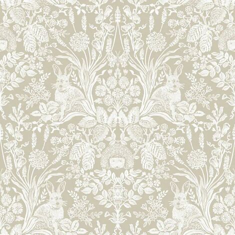 Holden Decor Harlen Beige Wallpaper Floral Flowers Rabbit Hedgehog Naturistic