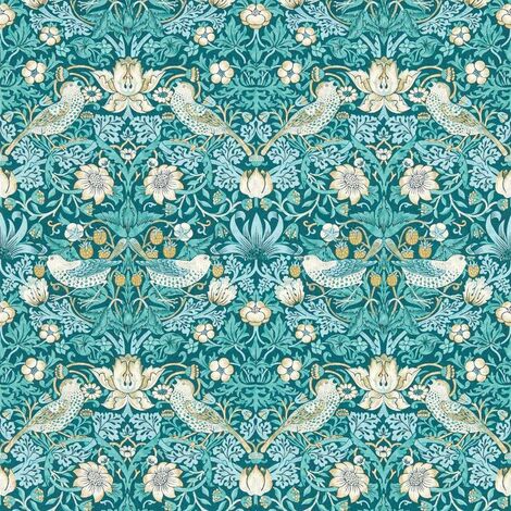William Morris Design Strawberry Thief Wallpaper Teal Blue Paste The Wall (1/4)