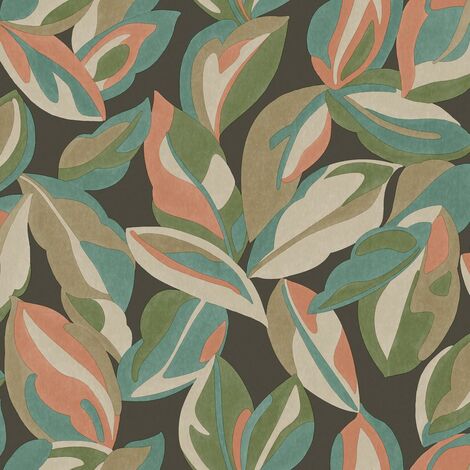 Abstract Leaf Wallpaper Charcoal Green Beige Orange Natural Leaves Botanical