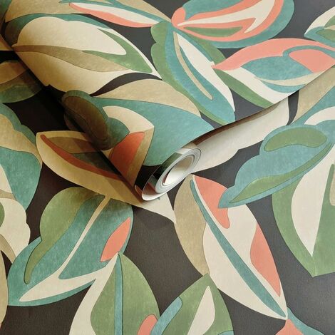 Abstract Leaf Wallpaper Charcoal Green Beige Orange Natural Leaves ...