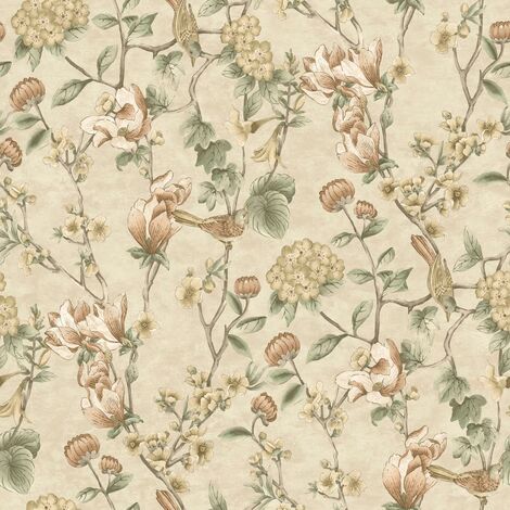 Floral Bird Trail Wallpaper Cream Green Flower Trees Leaves Natural Botanical (1/4)