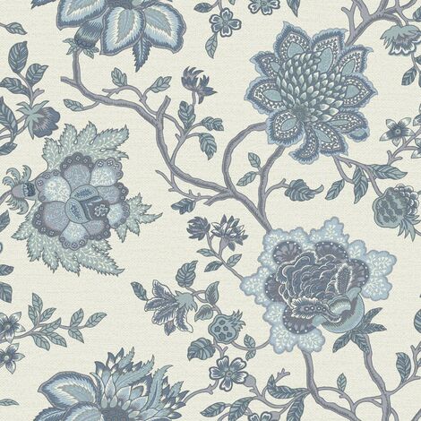 Jacobean Trail Wallpaper Floral Leaves Blue White Natural Flowers Feature Wall (1/4)