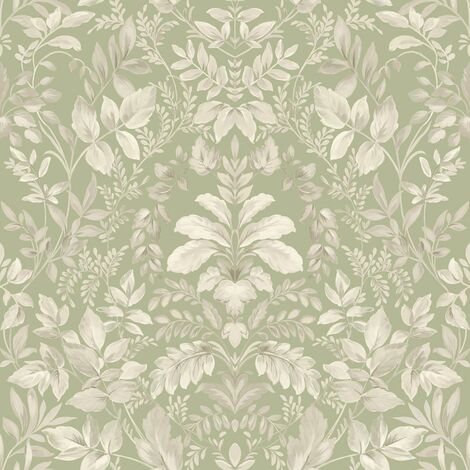 Sage Green Damask Leaf Wallpaper Holden Classic Natural Leaves Tree Floral Cream