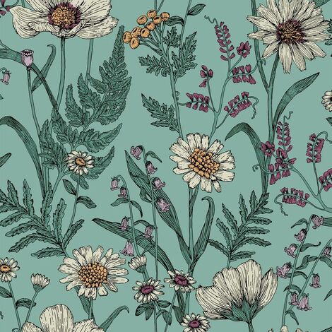 Fine Decor Wild Meadow Blue Wallpaper Floral Flowers Leaves Paste The Wall (1/4)