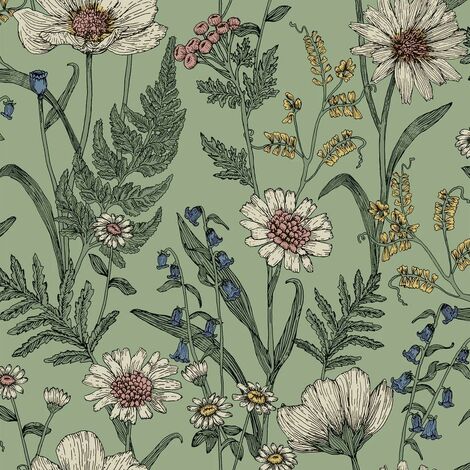 Fine Decor Wild Meadow Sage Green Wallpaper Floral Flowers Leaves Paste The Wall (1/4)