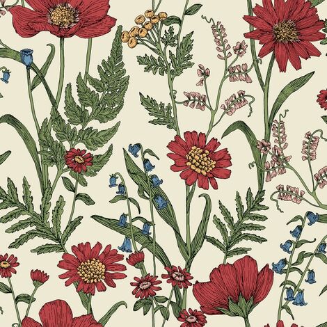 Fine Decor Wild Meadow Cream Red Wallpaper Floral Flowers Leaves Paste The Wall (1/4)