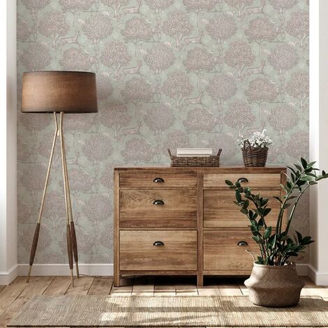 Arthouse Woodland Scene Sage Green Wallpaper Floral Flowers Animals ...