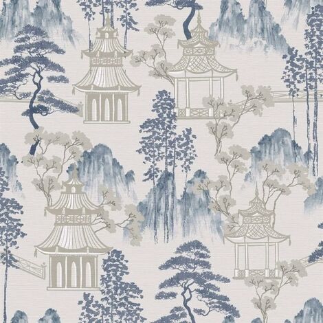Arthouse Japanese Pagoda Blue Grey Wallpaper Floral Oriental Feature Wall