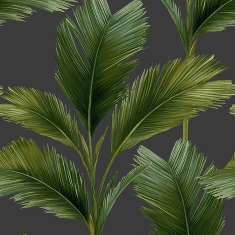 Large Palm Leaf Wallpaper Charcoal And Green Kaliani Collection Feature Wall (1/2)