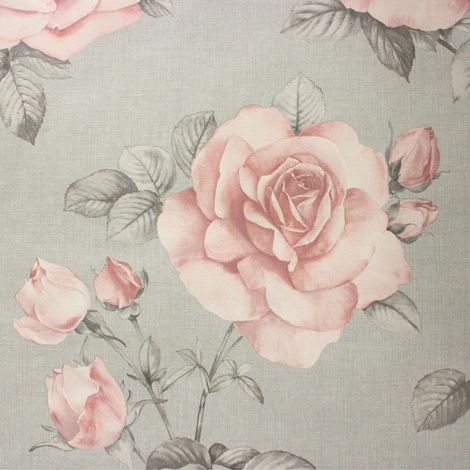 Floral Flower Roses Wallpaper Pink Grey Hessian Linen Effect Textured Belgravia