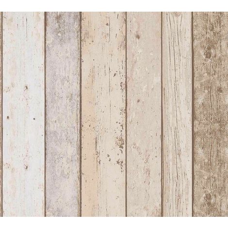 3D Effect Wood Panel Plank Wallpaper Distressed Cream Brown Beige A.S Creation