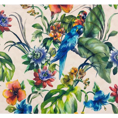 Exotic Bird Parrot Tropical Flowers Wallpaper Vinyl Floral Blue Green Off  White
