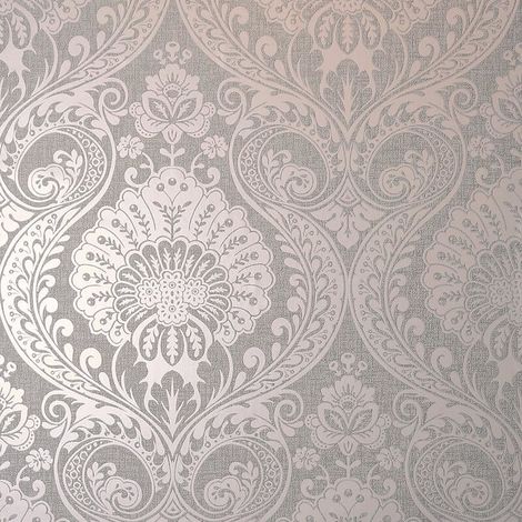 Damask Wallpaper Grey Rose Pink Metallic Shimmer Textured Arthouse Decoris