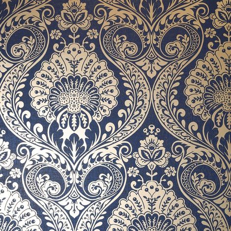 Damask Wallpaper Navy Blue Gold Metallic Shimmer Textured Arthouse Decoris