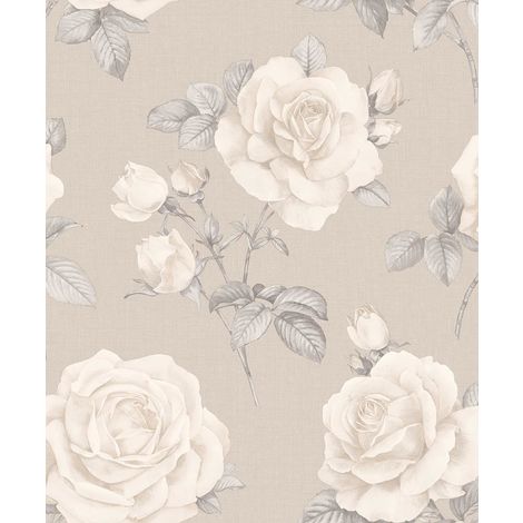 Floral Linen Effect Wallpaper Roses Flowers Beige Cream Textured Belgravia Decor