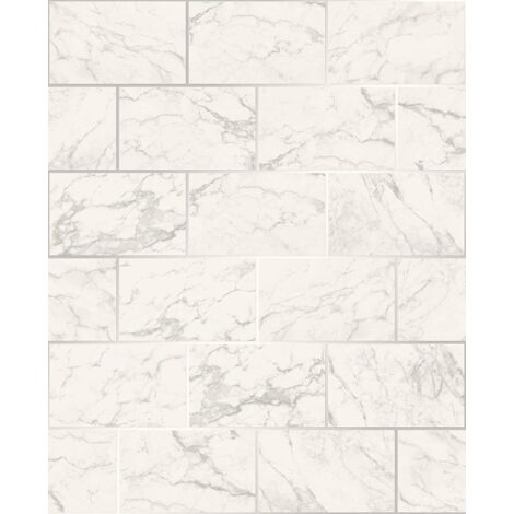 3D Effect Brick Tile Wallpaper White Grey Marble Silver Metallic Vinyl Crown (1/4)