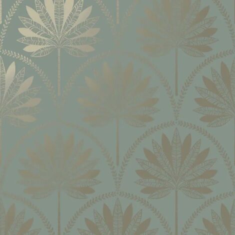 Holden Decor Metallic Palm Tree Dusky Blue Wallpaper Tropical Feature Wall