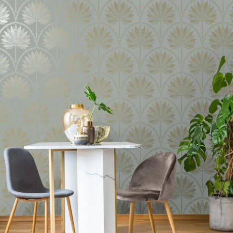 Holden Decor Metallic Palm Tree Dusky Blue Wallpaper Tropical Feature Wall
