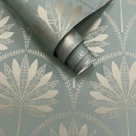 Holden Decor Metallic Palm Tree Dusky Blue Wallpaper Tropical Feature Wall