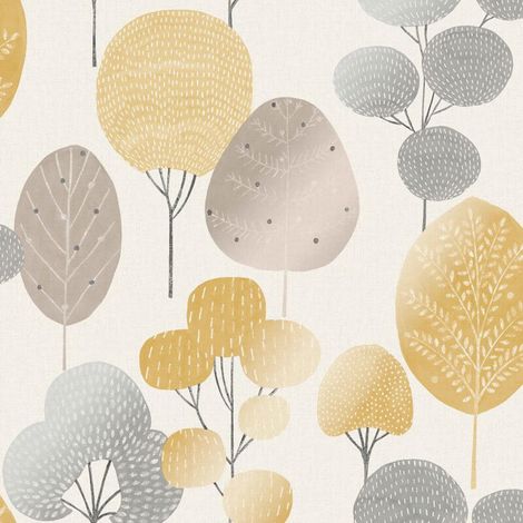 Scandi Forest Tree Metallic Wallpaper Woodland Leaf Yellow Grey Shimmer Crown