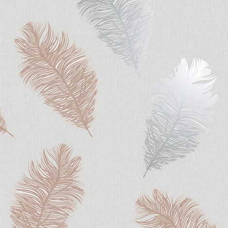 Feathers Wallpaper Glitter Metallic Rose Gold Silver Grey Textured Holden