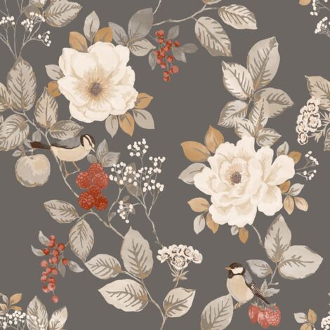 Belgravia Bramble Floral Charcoal Wallpaper Birds Leaves Flowers Feature Wall (1/4)