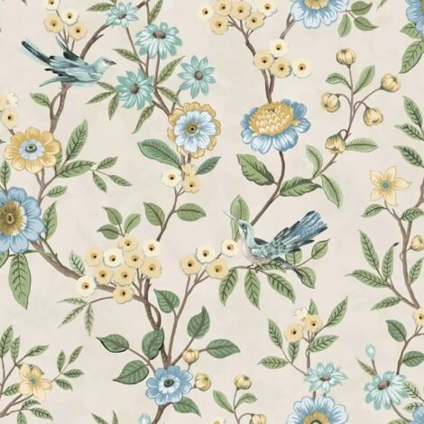 Fine Decor Eleanor Floral Birds Natural Wallpaper Flowers Botanical Feature Wall (1/4)