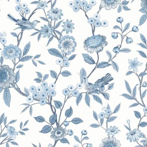 Fine Decor Eleanor Floral Birds Blue Wallpaper Flowers Botanical Feature Wall (1/4)