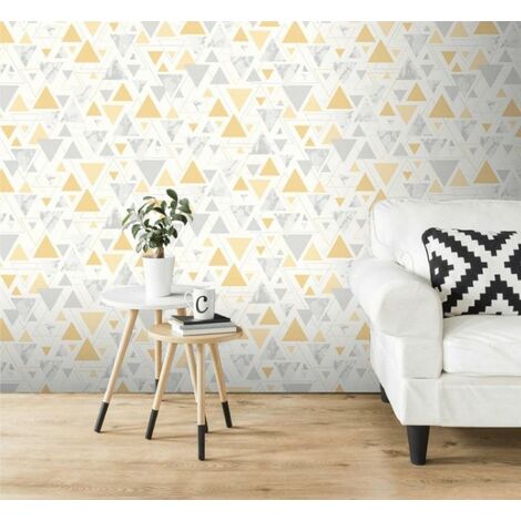 Triangle Geometric Metallic Wallpaper Yellow Grey Silver Marble Pastel ...