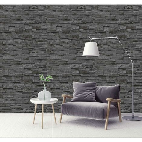 3D Effect Dark Grey Slate Stone Brick Effect Wallpaper Vinyl Washable ...