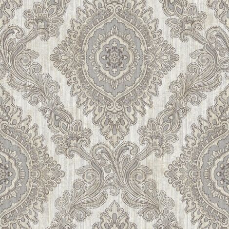 Wallquest Villa Rosa Damask Silver Wallpaper Floral Classic Acrylic Coated (1/4)