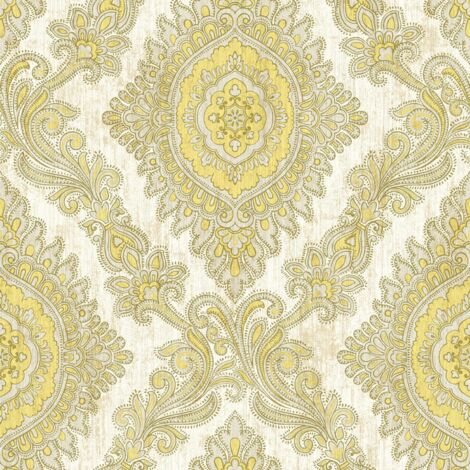Wallquest Villa Rosa Damask Yellow Wallpaper Floral Classic Acrylic Coated (1/4)