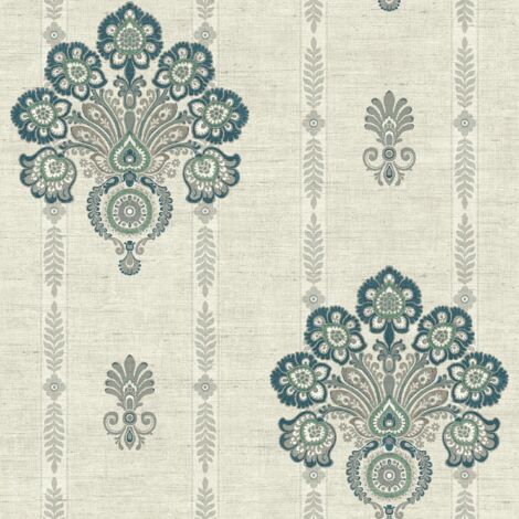 Wallquest Caspia Indian Flower Teal Wallpaper Floral Pattern Classic Stylish