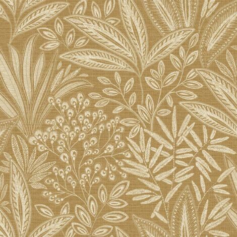 Crown Sahara Leaf Ochre Yellow Wallpaper Botanical Textured Feature Wall (1/4)