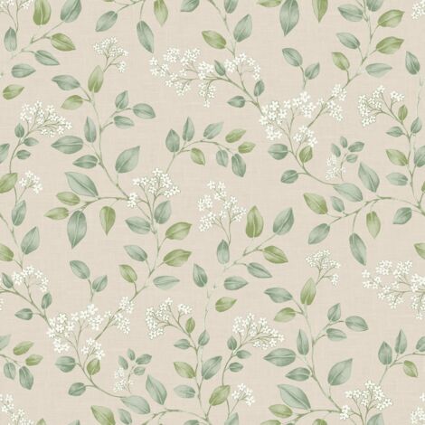 Grandeco Forget Me Not Neutral Green Wallpaper Leaf Trail Classic Feature Wall