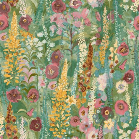 Grandeco Delphinium Green Pink Wallpaper Painted Floral Paste The Wall Vinyl (1/4)