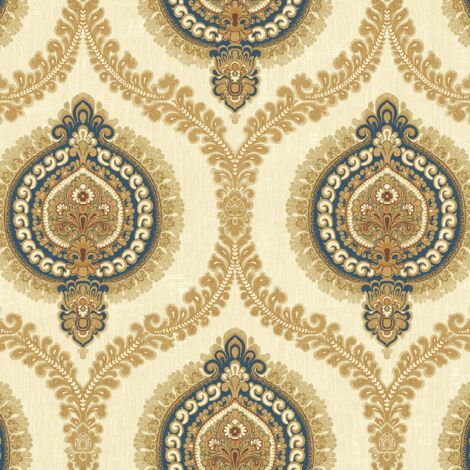 Wallquest Sunhani Navy Gold Wallpaper Classic Traditional Acrylic Coated Paper (1/4)