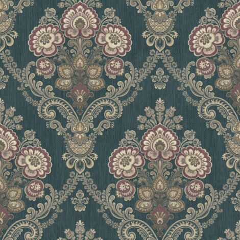 Wallquest Indian Paisley Damask  Wallpaper Teal Traditional Acrylic Coated