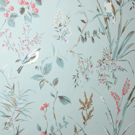 Crown Mariko Blue Wallpaper Floral Treebird Metallic Effect Stylish Feature Wall (1/4)