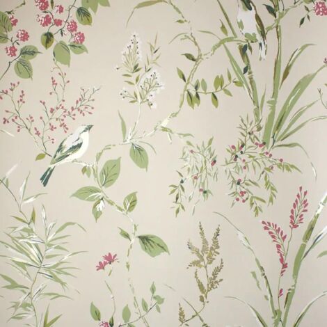 Crown Mariko Natural Wallpaper Floral Treebird Metallic Stylish Feature Wall