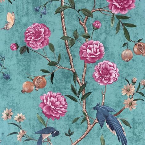 Arthouse Chinoise Floral Teal Wallpaper Pink Peonies Flowers Blue Bird Elegant