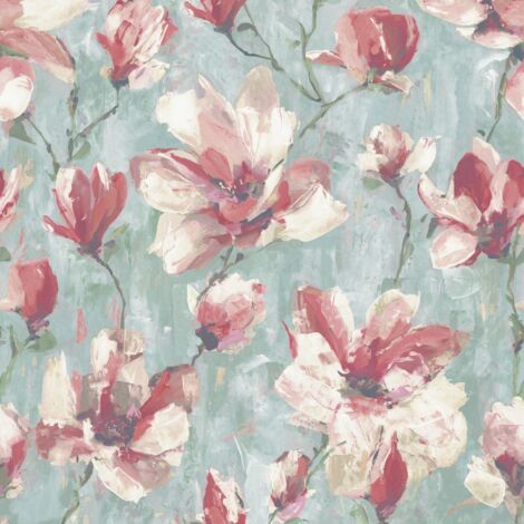 Grandeco Camilla Floral Teal & Pink Wallpaper Traditional Paste The Wall Vinyl (1/4)