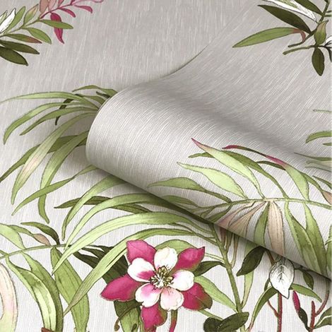 Grey Floral Glitter Wallpaper Green Pink Flowers Leaf Belgravia Decor  Botanique