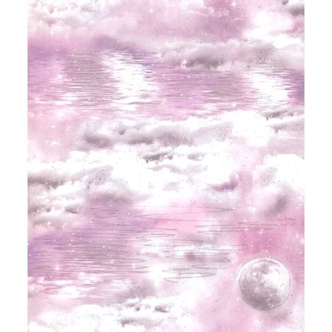Arthouse Watery Skies Wallpaper Clouds Moon Glitter Shimmer Pink White Feature