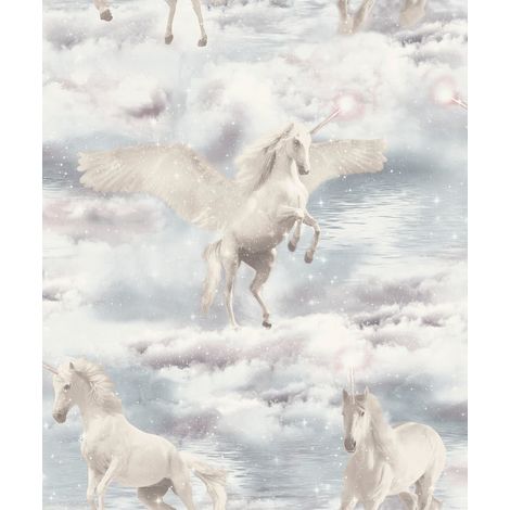Arthouse Unicorn Kingdom Glitter Wallpaper Grey Clouds Water Fairytale Girls